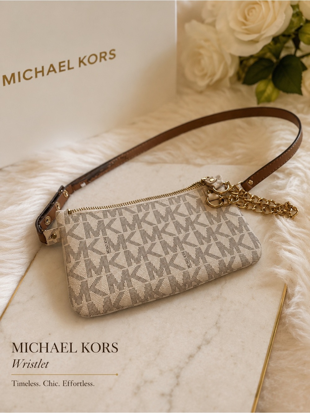 Michael Kors Cream and Brown MK Logo Wristlet with Gold Chain